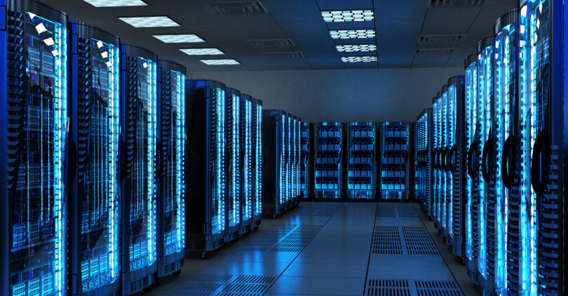 Server racks with telecommunication equipment in server room